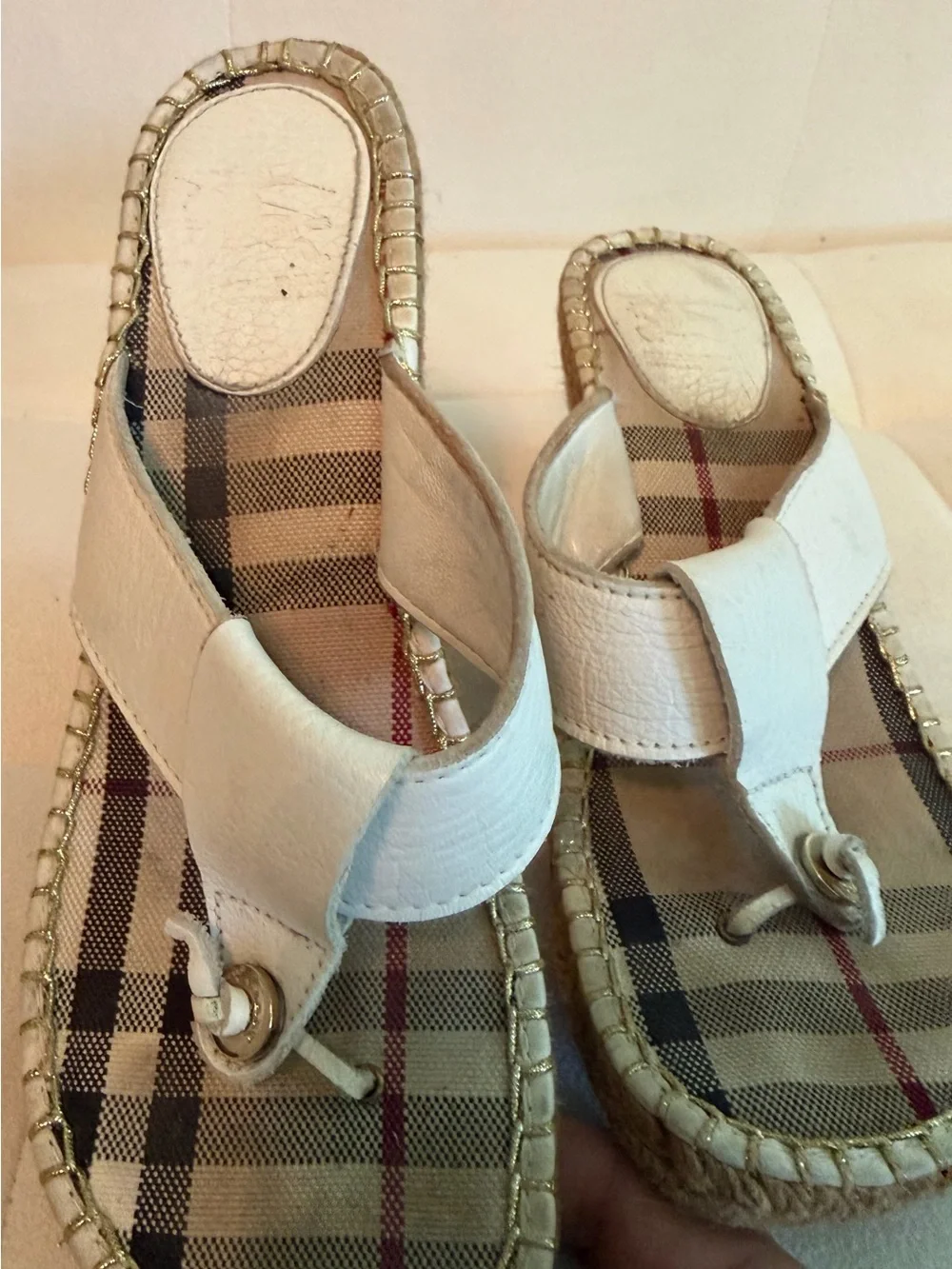 Burberry White Plaid-Insole Wedge Sandals with Leather Thong Strap